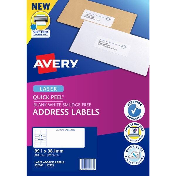 Avery Laser Quick Peel Address Labels 99.1 x 38.1mm White 280 pack