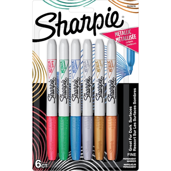Sharpie Permanent Marker Pens Fine, Asstd Metallic Clours 6 pack