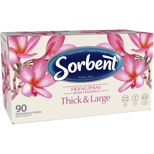 Sorbent Facial Tissue Thick & Large Frangipani & Vitamin e 90 Pack
