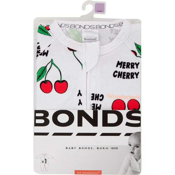 Bonds Zip Wondersuit Christmas Edition Cherry White Each