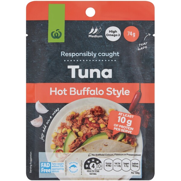 Woolworths Tuna Hot Buffalo Style Pouch 74g