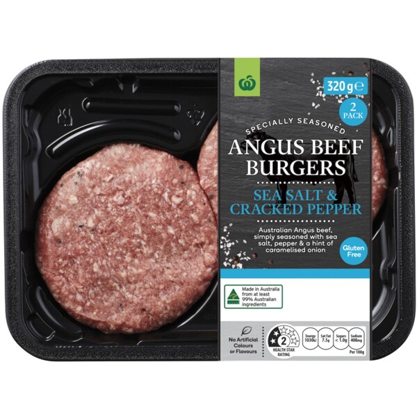 Woolworths Specially Seasoned Angus Beef Burger Sea Salt Crack Pepper 320g