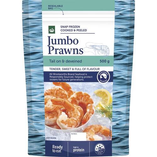 Woolworths Jumbo Cooked and peeled Prawn 500g bunch