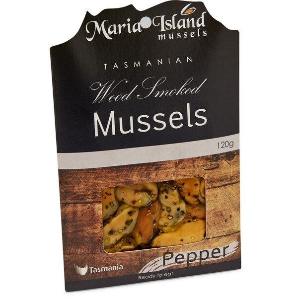 Maria Island Wood Smoked Pepper Mussels 120g