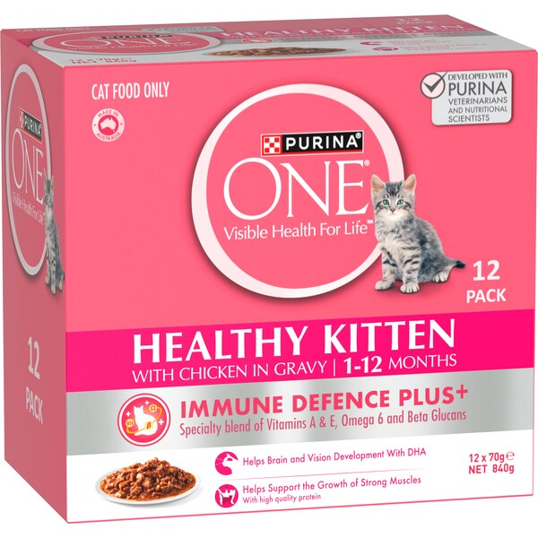 Purina One Healthy Kitten Chicken In Gravy 1-12 Month Dry Cat Food 70g x 12 pack