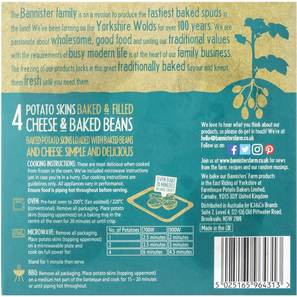 Bannisters' Farm Cheese & Baked Bean Potato Skins 260g