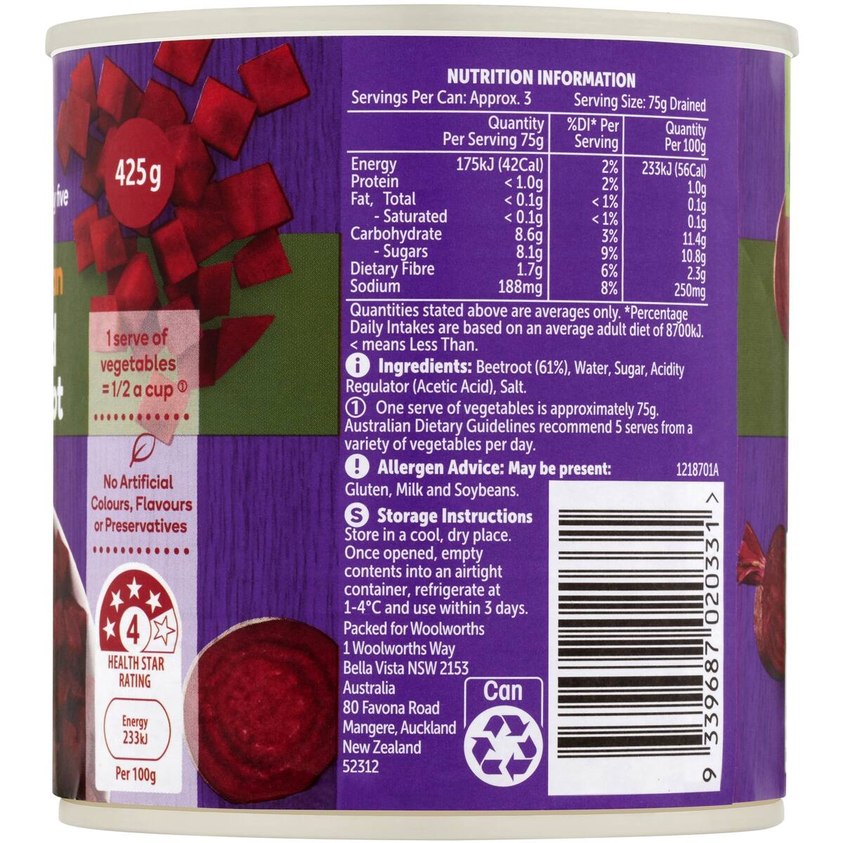 Woolworths Canned Diced Beetroot 425g bunch