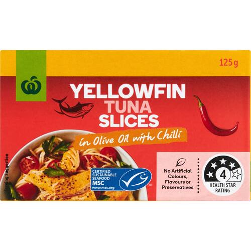 Woolworths Yellowfin Tuna Slices In Olive Oil With Chilli 125g bunch