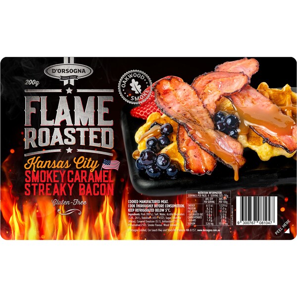 D'Orsogna Flame Roasted Kansas Style Smokey Caramel Streaky Bacon 200g