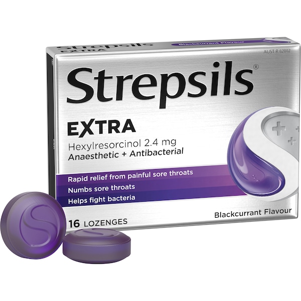 Strepsils Extra Blackcurrant Sore Throat Fast Numbing Throat Lozenges 16 pack