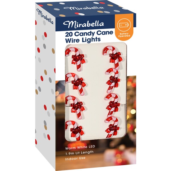 Mirabella Christmas 20 Wire Lights 1.9m Battery Operated Candy Cane each