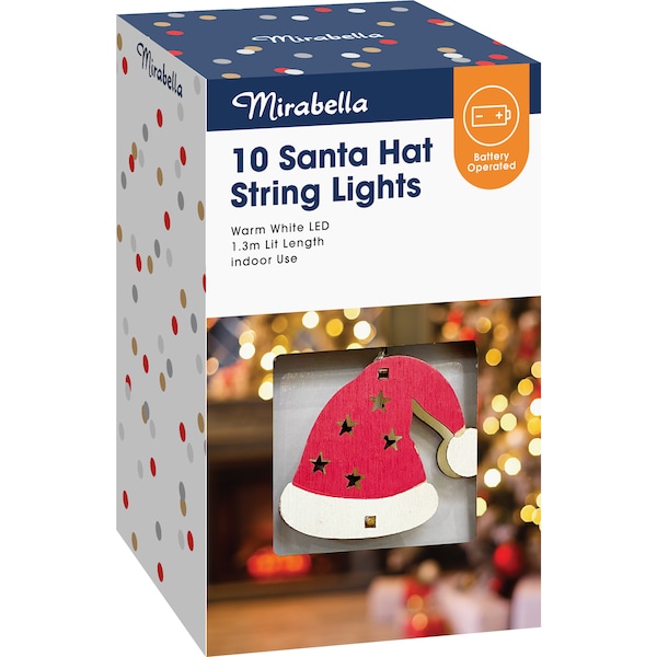 Mirabella Christmas 10 String Lights 1.3m Wooden Santa Hats each