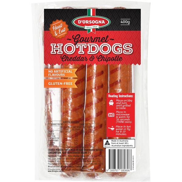D'Orsogna Gourmet Hot Dogs Cheddar & Chipotle 400g