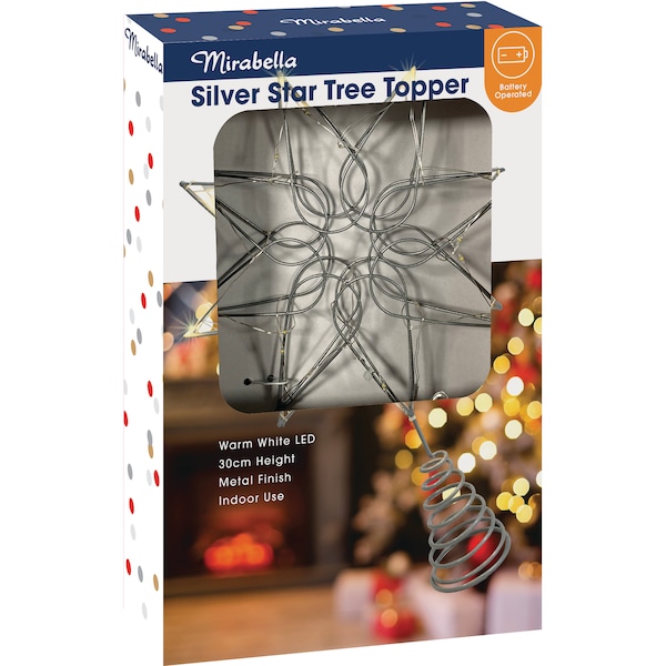 Mirabella Christmas 30cm Light Up Star Tree Topper Silver each