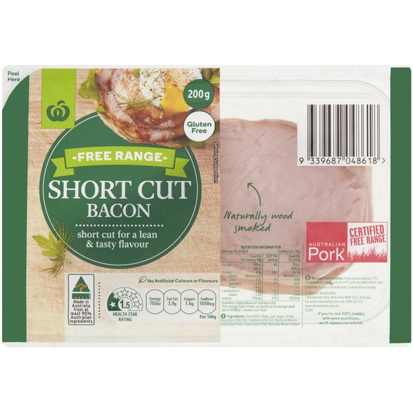 Woolworths Free Range Shortcut Bacon 200g