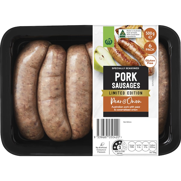Woolworths Gourmet Pork Pear & Onion Sausage 500g