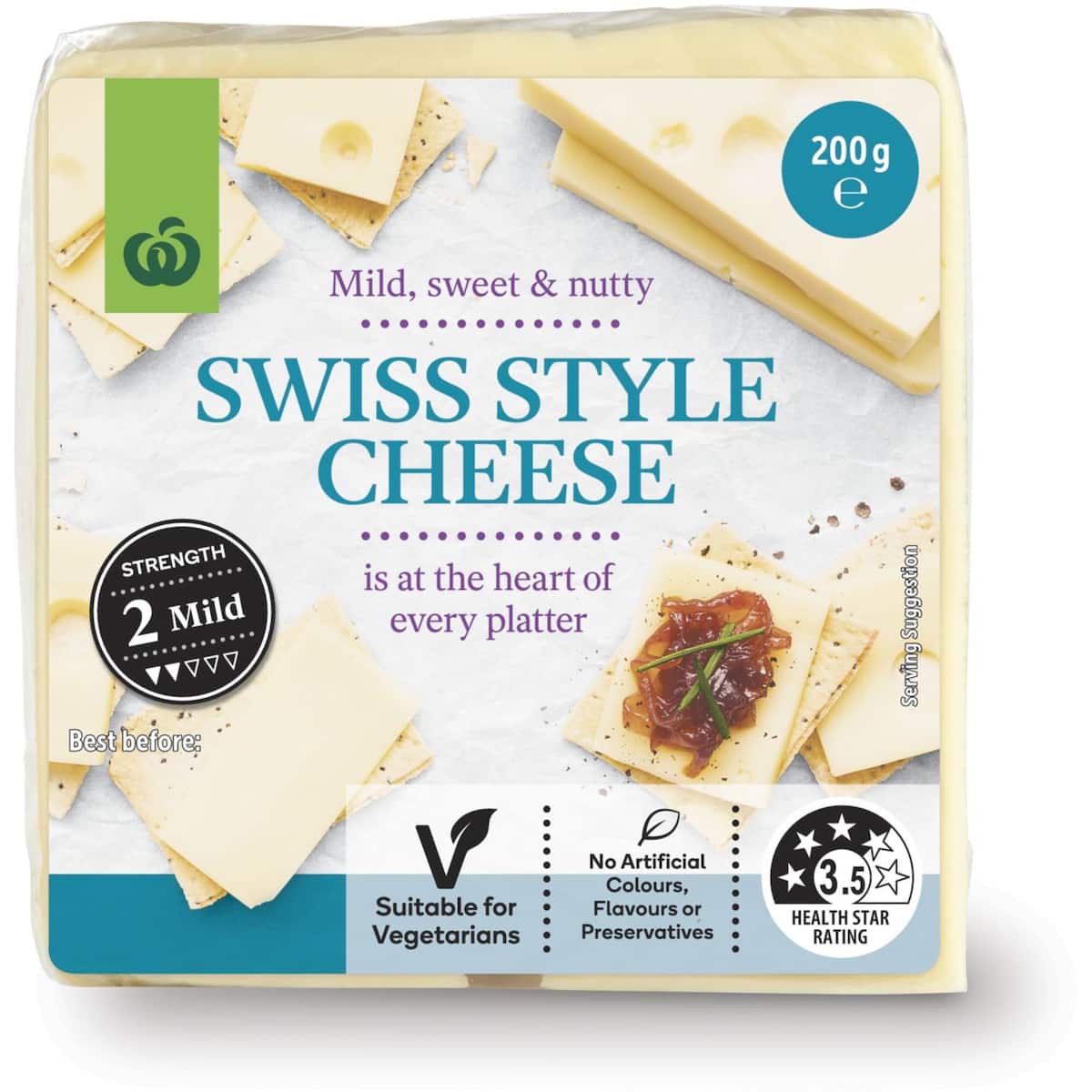 Woolworths Swiss style Cheese 200g bunch