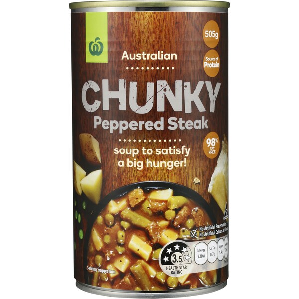 Woolworths Canned Soup Chunky Peppered Steak 505g