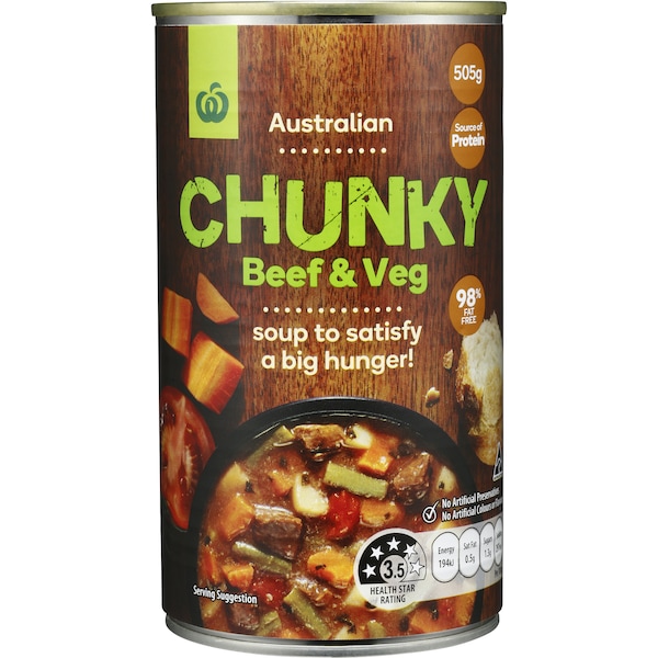 Woolworths Canned Soup Chunky Beef & Veg 505g