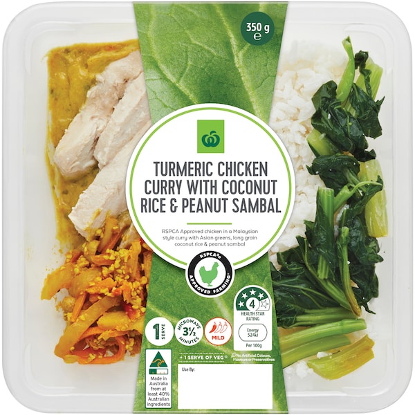 Woolworths Turmeric Chicken Curry, Rice & Peanut Sambal Chilled Meal 350g