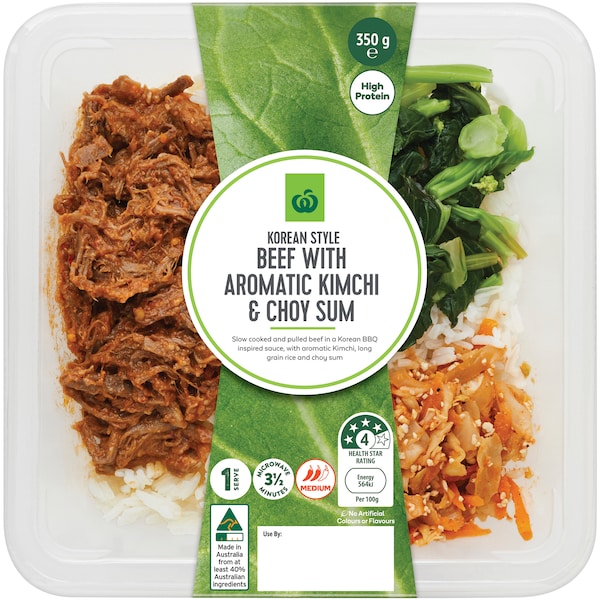 Woolworths Korean Style Beef & Aromatic Kimchi & Choy Sum Chilled Meal 350g