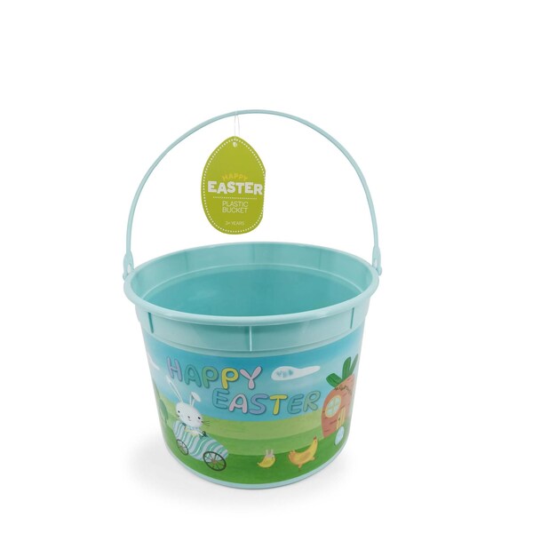 Easter Plastic Egg Hunting Bucket With Happy Easter Blue each
