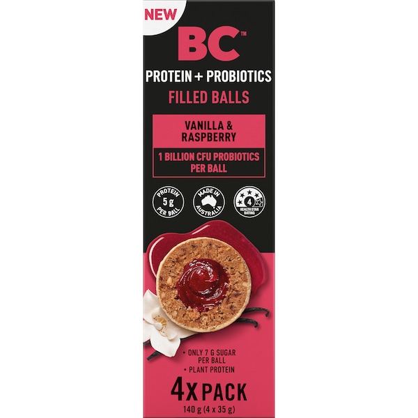 BC Snacks Protein + Probiotics Filled Balls Vanilla & Raspberry 35g x 4 pack