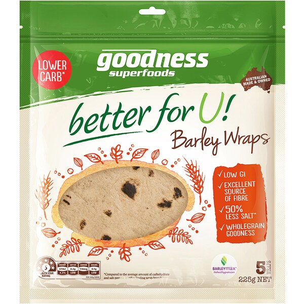 Goodness Superfoods Wraps Wholegrain Barley 5 Pack 225g