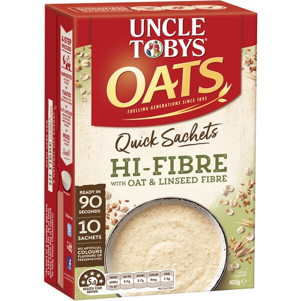 Uncle Tobys Oats Quick Sachets High Fibre Porridge 400g