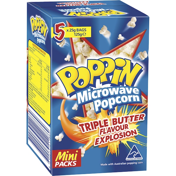 Poppin Shakers Microwave Popcorn Triple Butter Flavour 5x25g