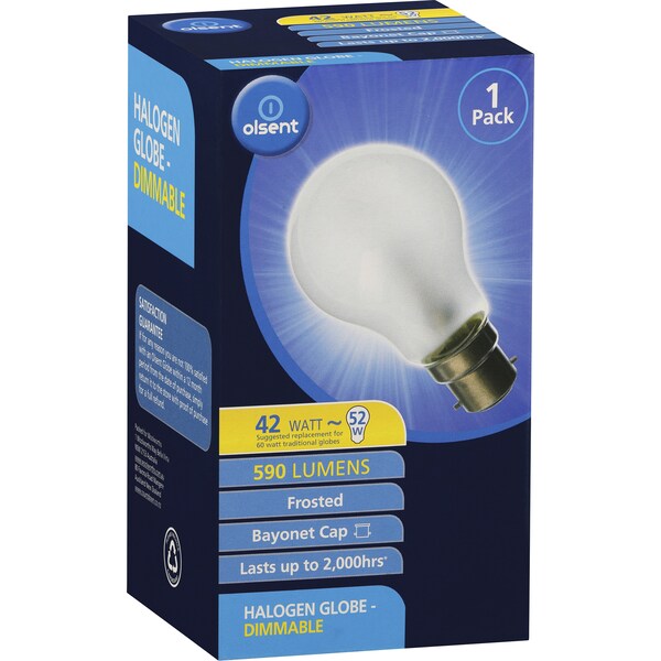 Olsent Globe Bayonet Cap Halogen 42 Watt Frosted Each