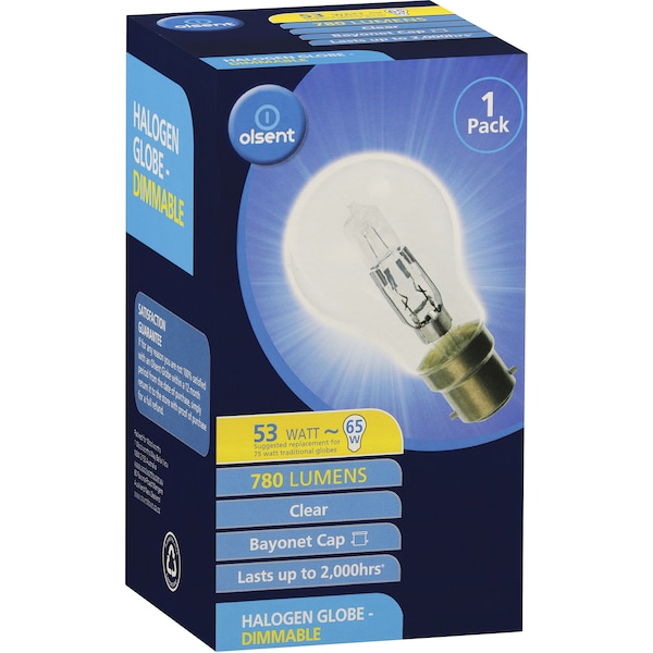 Olsent Globe Bayonet Cap Halogen 52w Clear Each