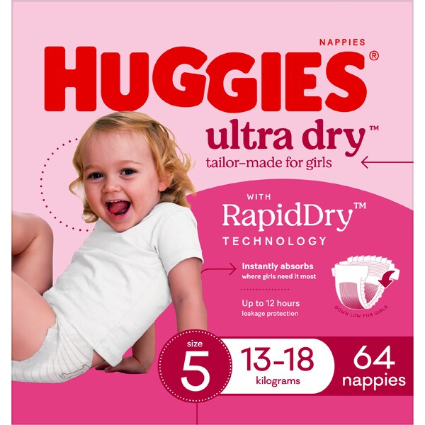 Huggies Ultra Dry Nappies Girls Size 5 13 18kg 64 Pack Woolworths huggies-ultra-dry-nappies-girls-size-5-13-18kg-64-pack-woolworths