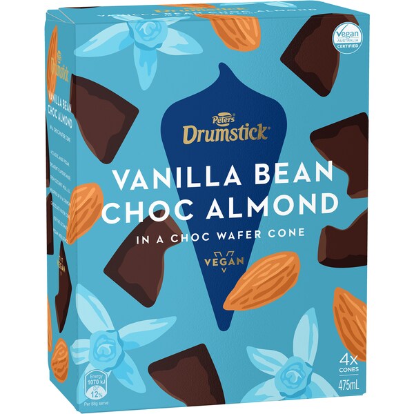 Peters Drumstick Vegan Vanilla Bean Choc Almond Cones 4 Pack