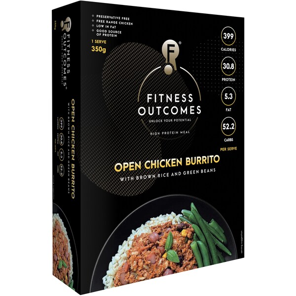 Fitness Outcomes Open Chicken Burrito Frozen Meal 350g