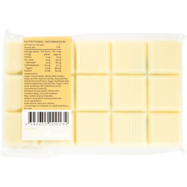 Koko Black Macadamia Cranberry & Cherry Chocolate Bar 100g