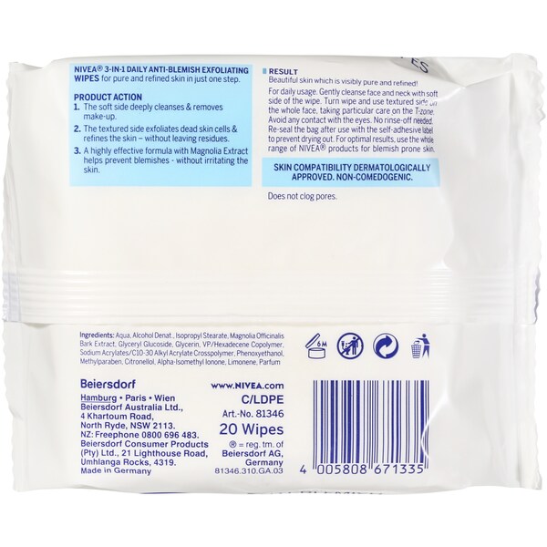 Nivea Pure Effect Facial Wipes 3 In 1 Exfoliating 20pk