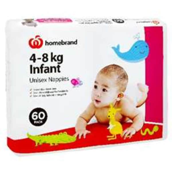 Homebrand Unisex Nappies Infant 4-8kg 60pk