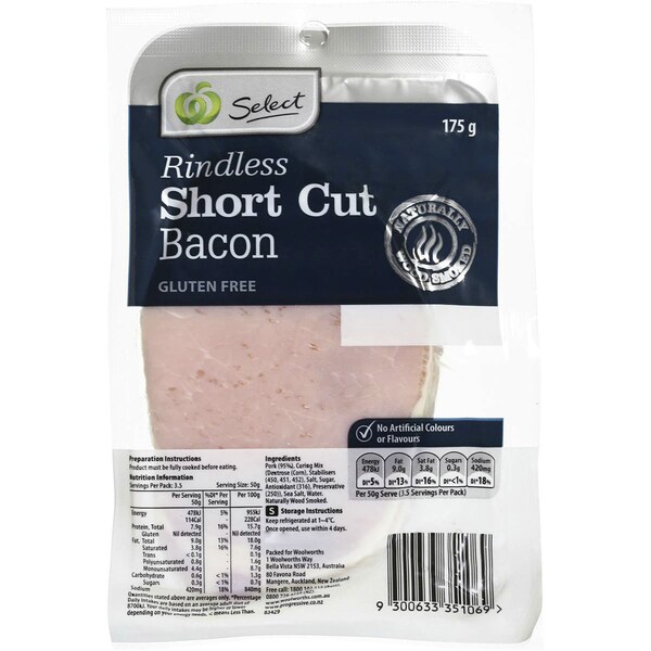 Woolworths Bacon Short Cut Rindless 175G