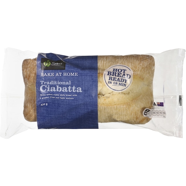 Woolworths Bake At Home Stone Baked Ciabatta Traditional Plain 420g Loaf