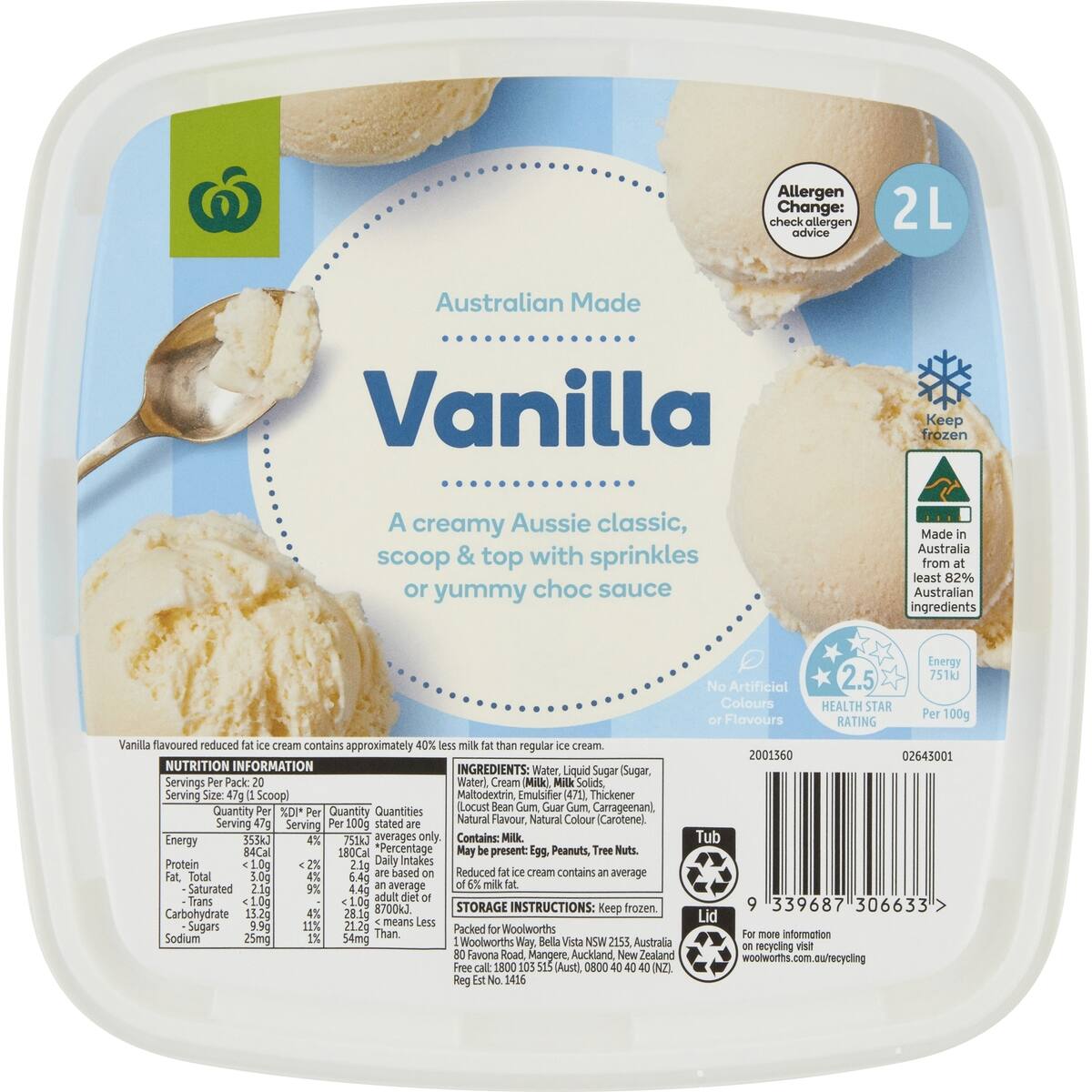 Woolworths Vanilla Ice Cream 2l bunch