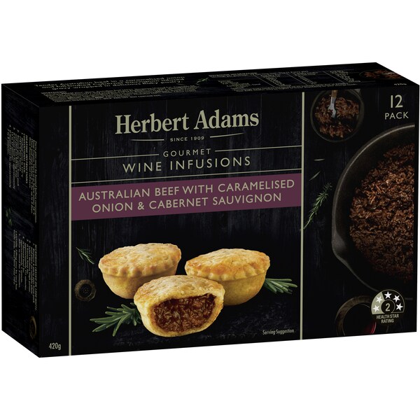 Herbert Adams Beef With Caramelised Onion & Cabernet Sauvignon Party Pies 12 Pack