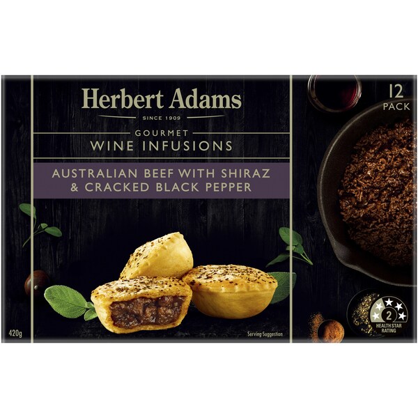 Herbert Adams Beef With Shiraz & Cracked Black Pepper Party Pies 12 pack