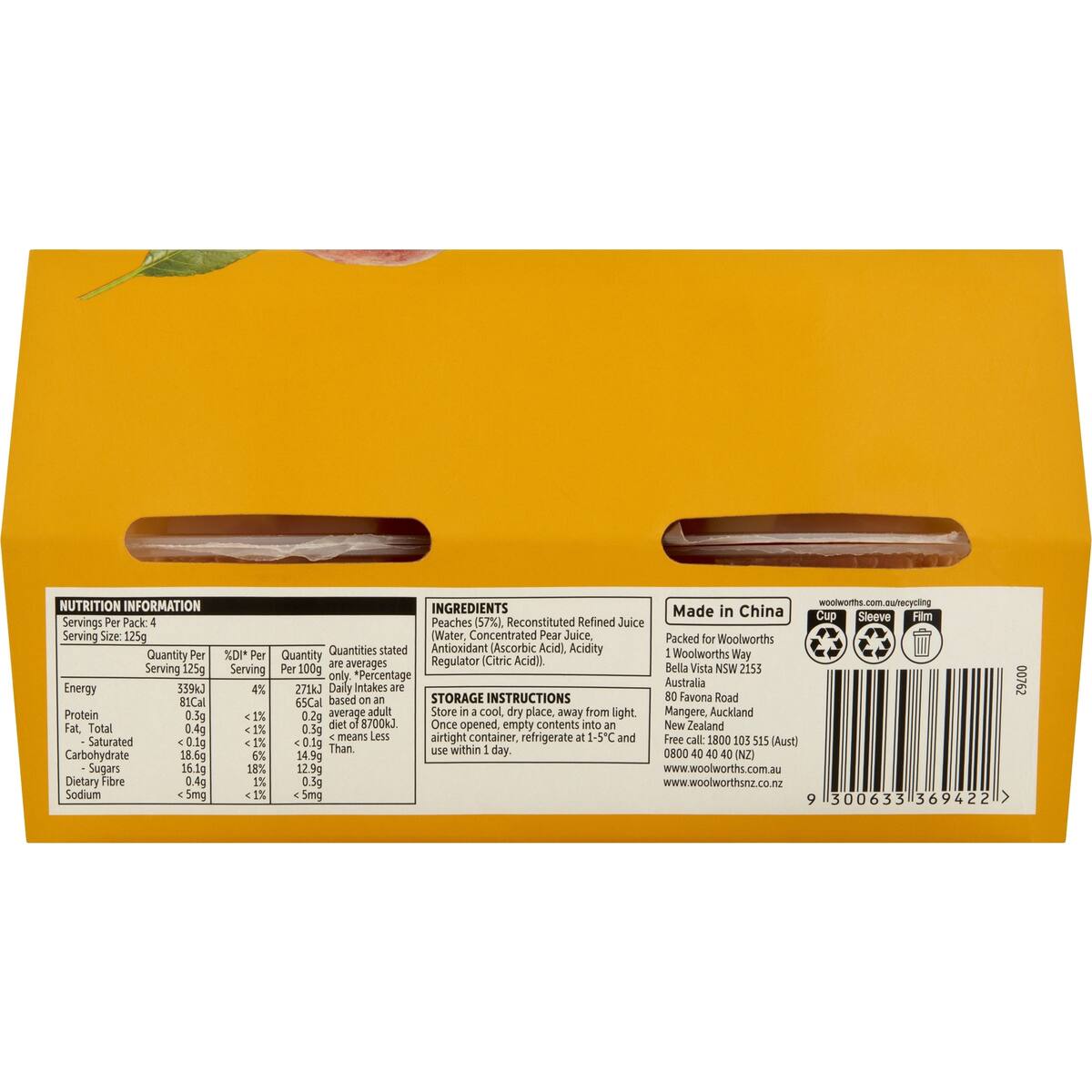Woolworths Peaches In Juice Cups 4 Pack bunch