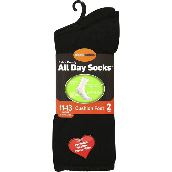 All Day Socks Mens Black 11-13 2 Pack