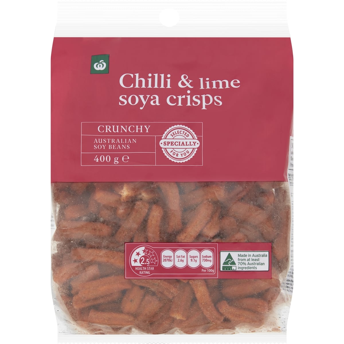 Woolworths Soya Crisps Chilli and Lime Snacks 400g Pack bunch