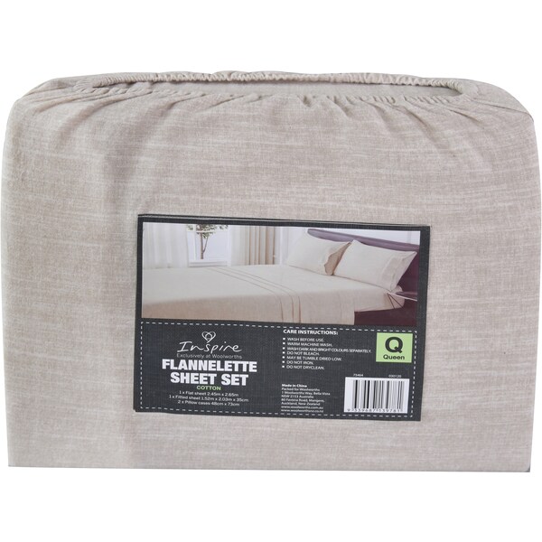 Inspire Flannelette Sheet Set Queen Size Beige Each