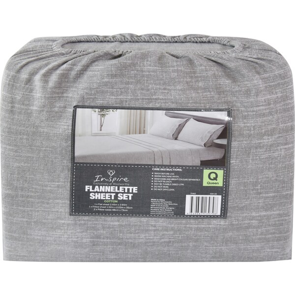 Inspire Flannelette Sheet Set Queen Size Grey Each