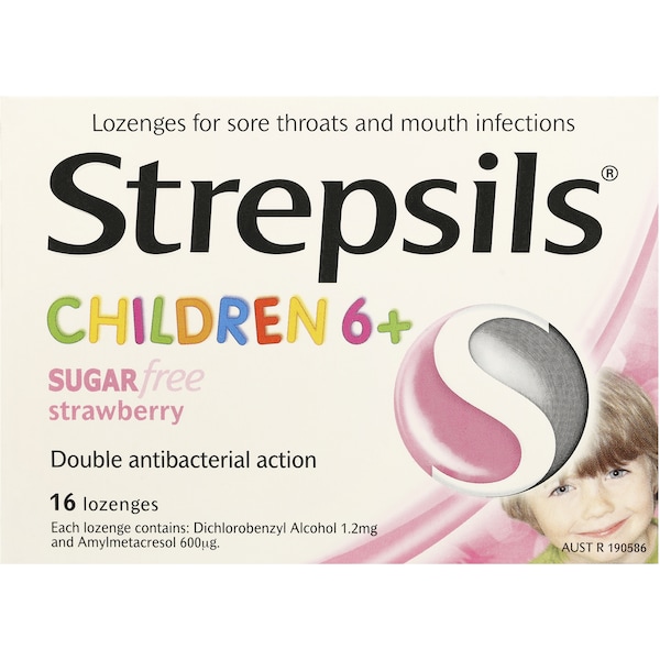 Strepsils Sore Throat Lozenges Children Strawberry Sugar Free 16 Pack