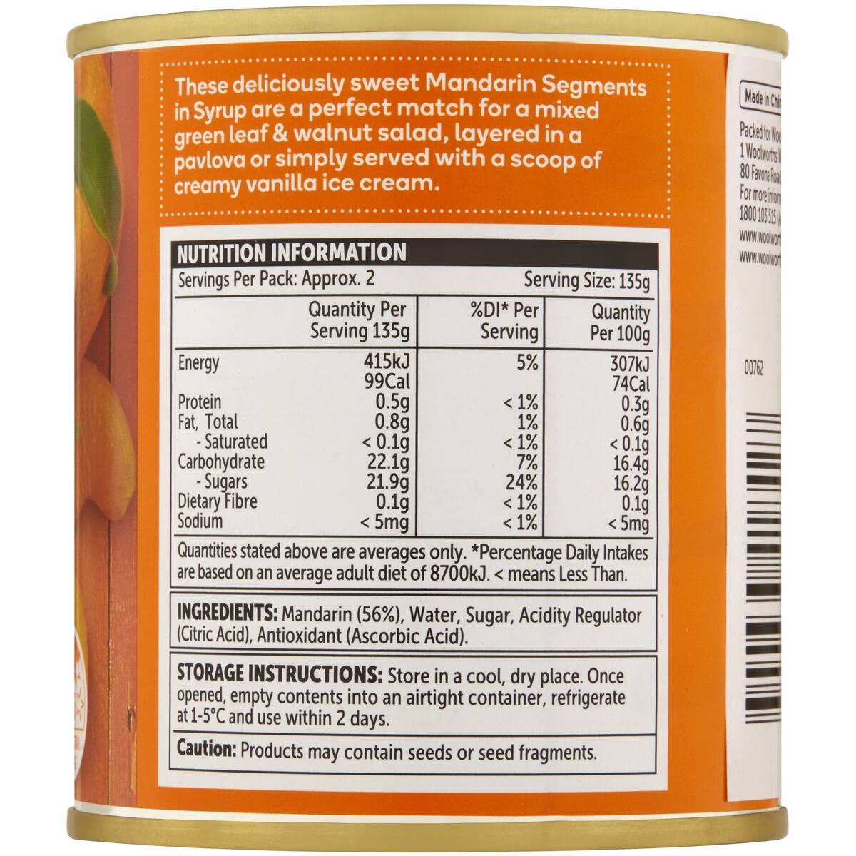 Woolworths Mandarin Canned 310g Can bunch